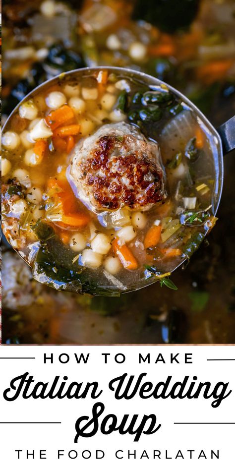 How to make Italian Wedding Soup from The Food Charlatan. I don't know about you, but I'm about to marry this Italian Wedding Soup recipe! It is PACKED with goodness! The flavorful broth, the juicy meatballs, the tiny pasta, the mountain of healthy greens making you feel like you're probably going to live to 150-years-old after eating all this leafy stuff. Make it on the stove or in the slow cooker, easy! This soup is perfect chilly weather comfort food and makes a simple weeknight dinner. The Food Charlatan Recipes, Italian Soups, Wedding Soup Recipe, Juicy Meatballs, Tiny Pasta, Italian Wedding Soup Recipe, Healthy Greens, The Food Charlatan, Chowder Soup