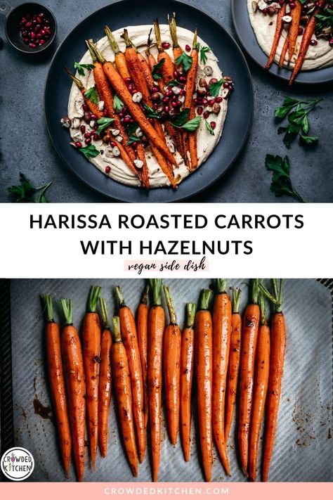 Harissa Carrots, Vegetarian Side Dish, Roasted Carrots Recipe, Pumpkin Hummus, Vegetarian Sides, Vegetarian Side Dishes, Vegan Side Dishes, Homemade Hummus, Vegan Sides