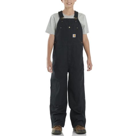 PRICES MAY VARY. Cotton 9-ounce, 100% cotton canvas Washed bib overalls with adjustable shoulder straps Zipper fly Triple stitched main seams Bib pocket with snap closure 9-ounce, 100% cotton canvas - Washed bib overalls with adjustable shoulder straps - Zipper fly - Triple stitched main seams - Bib pocket with snap closure - Utility pockets - Double knees with clean out bottoms - Ankle to knee leg zippers - Sewn on Carhartt label on back pocket - Carhartt Kids, Boys Overalls, Boys Bottoms, Bib Overalls, Boys Clothes, Knee Pads, Denim Jumpsuit, Black 7, Lining Fabric