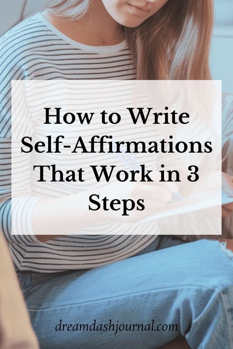 A woman writing in a journal. The text overlay says "How to write self-affirmations that work in 3 steps." How Affirmations Work, Writing Affirmations, 111 Meaning, Self Affirmations, Seeing 111, Angel Number 111, I Am Worthy, Life Improvement, Positive Self Affirmations