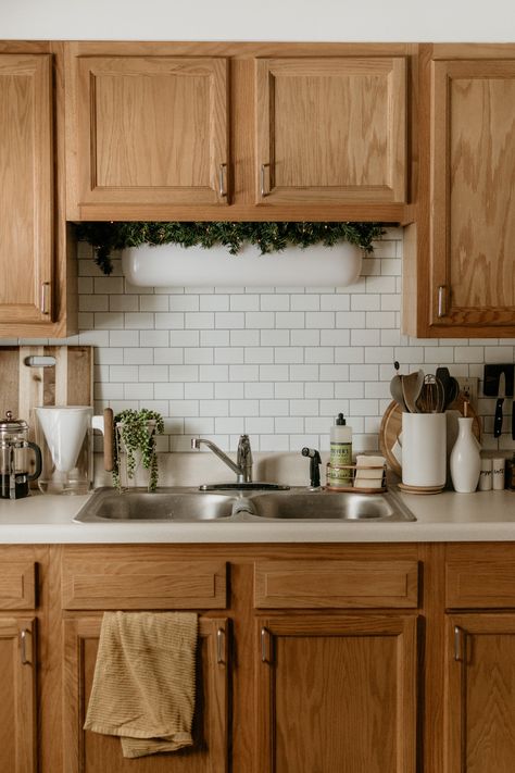 Honey Oak Kitchen Cabinets, Honey Oak Kitchen, Winter Apartment, Honey Oak Cabinets, Military Housing, Condo Decor, Cheap Ideas, Different Person, House Vibes