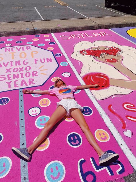 Soccer Senior Parking Spots, Pink And Orange Senior Parking Spot, Senior Parking Spot Girly, 2024 Senior Parking Spot, Senior Parking Spaces Girly, Preppy Parking Spot Ideas, Cute Parking Spots, Preppy Parking Spot, Aesthetic Parking Spot Painting