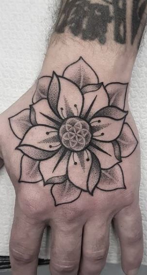 Lotus Flower Head Tattoo, Men Lotus Flower Tattoo, Flower Tattoos Men Small, Tattoo Flowers Hand, American Traditional Lotus Flower Tattoo, Flowers Tattoo Designs For Men, Flower Tattoo Hand Men, Mens Lotus Tattoo, Small Guy Tattoos Ideas For Men