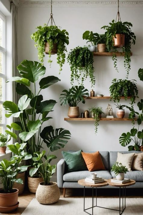 Wall With Shelves And Plants, Greenery In Apartment, Lots Of Plants Living Room, Green Oasis Interior, Natural Minimalist Living Room, Plant Filled Home, Houseplant Shelves, Earthy Green Living Room, Hanging Plants Living Room