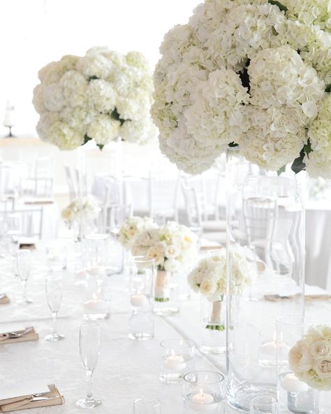 Peonies Wedding Centerpieces, Hydrangea Centerpiece Wedding, White Wedding Flowers Centerpieces, White Wedding Centerpieces, White Floral Centerpieces, Intimate Outdoor Wedding, Ballroom Reception, White Wedding Decorations, White Centerpiece