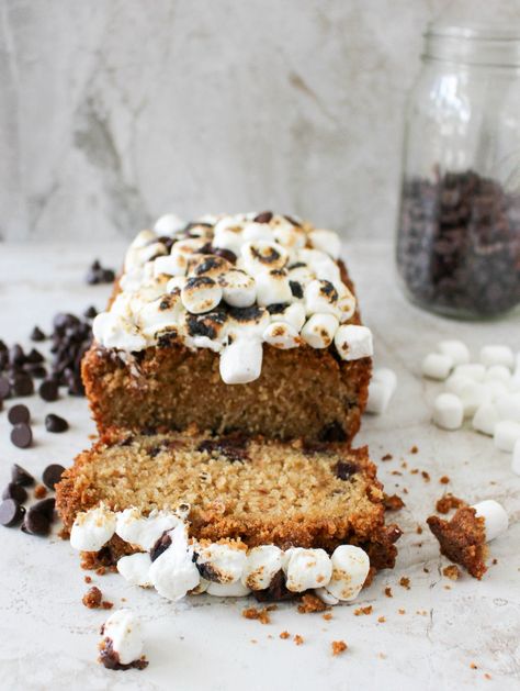 S'mores Quick Bread with Graham Cracker Streusel & Toasted Marshmallows | Yes to Yolks Smores Loaf Cake, S’mores Bread, Graham Cracker Streusel, Loaf Breads, Loaf Pan Cake, Yogurt Bread, Smores Dessert, Smore Recipes, Loaf Cake Recipes