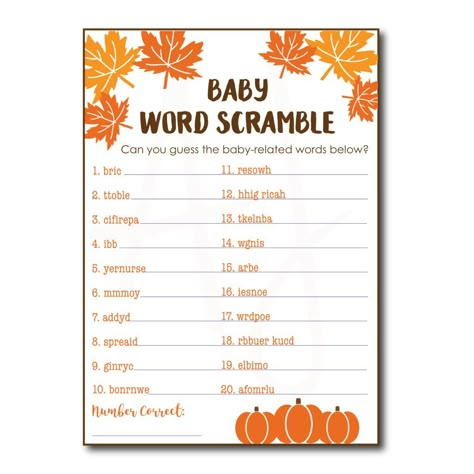 Fall Baby Shower Games, Lil Pumpkin Baby Shower, Fall Baby Shower Game, Thanksgiving Baby Shower, Fall Baby Shower Themes, October Baby Showers, Free Baby Shower Games, Scramble Game, Baby Word Scramble