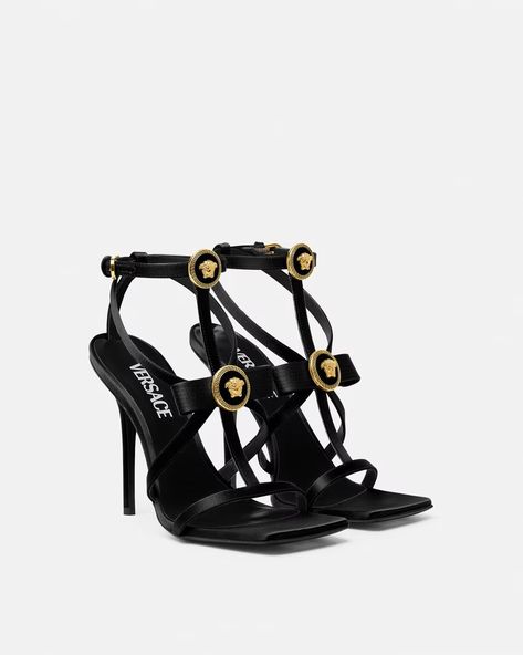 Versace Gianni Ribbon Satin Cage Sandals | VERSACE Versace Shoes Women, Versace Sandals, Cage Sandals, Versace Shoes, Versace Home, Caged Sandals, Goat Leather, Iconic Women, Gianni Versace