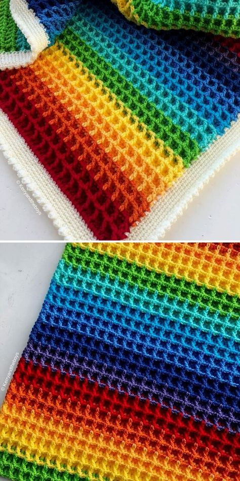 Waffle Stitch Crochet Patterns and Ideas | Crochetpedia Rainbow Crochet Blanket Pattern, Uncinetto Zig Zag, Crochet Blanket Rainbow, Crochet Waffle Stitch, Amigurumi Minta, Rainbow Blanket, Confection Au Crochet, Crochet Stitches For Blankets, Waffle Stitch