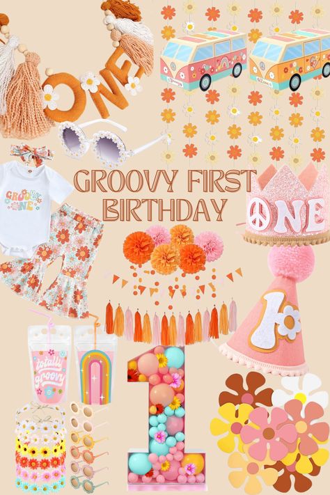 Groovy first birthday, baby's first birthday, birthday party decor, two groovy, groovy first birthday party decor, flower power, flower party decor, first birthday accessories, first birthday party favors, first birthday party hat, groovy girl birthday #babiesandtoddlers #firstbirthday #1stbirthday Groovy First Birthday Party, Groovy Party Theme, Groovy First Birthday, First Birthday Ideas, First Birthday Party Favor, Theme First Birthday, Groovy Party, Kids Birthday Themes, 1st Birthday Decorations