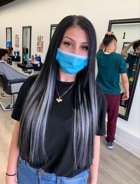 Black And Silver Hair Extensions, Black Hair With Silver Extensions, Black And Silver Hair Short, Emo Hair Color, Silver Hair Short, Black And Silver Hair, Pink Hair Extensions, Two Color Hair, Fantasy Hair Color