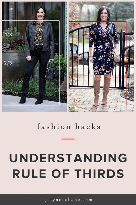 Fashion Tips: Understanding the Rule of Thirds There’s a concept called Rule of Thirds that will help you put together more flattering outfits almost instantly. No matter how cute the individual pieces are, if the proportion of your outfit is off, it may look frumpy or unflattering. Here’s how to fix it, using the rule of thirds. Rule Of Thirds Clothing, Two Thirds Clothing, Fashion Rule Of Thirds, Short Curvy Women Fashion, Basics Wardrobe, The Rule Of Thirds, Jolynne Shane, Outfit Tips, Curated Closet