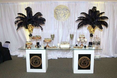 Versace Party | CatchMyParty.com Fendi Party Theme, Versace Birthday Party Ideas, Versace Decoration Party, Black And Gold King Theme Party, Versace Cake, Versace Party, 50th Black And Gold Theme Party Amazon.com, Nursing Cake, 32 Birthday