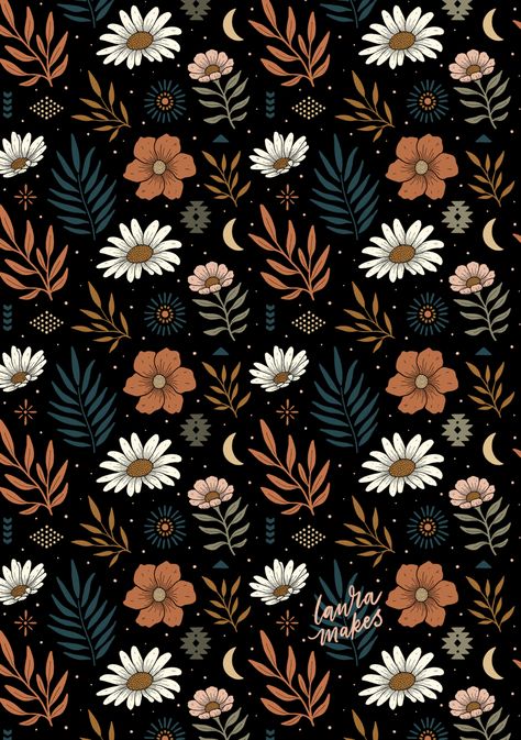 Daisy, palm leaves, desert vibes, and southwestern motifs make up a repeat pattern. Flowers Repeat Pattern, Vintage Patterns Design, Fall Floral Wallpaper, Fall Floral Pattern, Floral Repeat Pattern, Flowers Paper Craft, Flower Pattern Design Prints, Repeating Pattern Design, Simple Motif