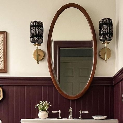 Farrow And Ball Brinjal Bathroom, Burgundy Cabinets Bathroom, Plum Bathroom Walls, Moody Plum Bathroom, Dark Purple Powder Room, Brinjal Bathroom, Deep Purple Bathroom, Half Bathroom Tile Ideas, Maroon Bathroom Ideas