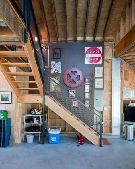 Staircase To Basement Ideas, Staircase To Basement, Open Staircase To Basement, Open Basement Stairs, Garage Design Ideas, Basement Stair, Industrial Staircase, Basement Staircase, Industrial Basement