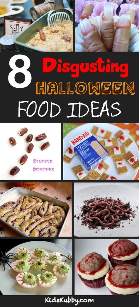 starting to plan our annual halloween dinner...Really gross Halloween food ideas. Must try the band-aids... Made the kitty litter cake once. It's wonderfully creepy but yummy at the same time! Disgusting Halloween Food Ideas, Halloween Body Food Table, Gross Halloween Appetizers, Halloween Body Part Food Ideas, Gross Looking Food, Zombie Food Party Ideas, Halloween Food Gross, Gross Looking Halloween Food, Halloween Gross Food