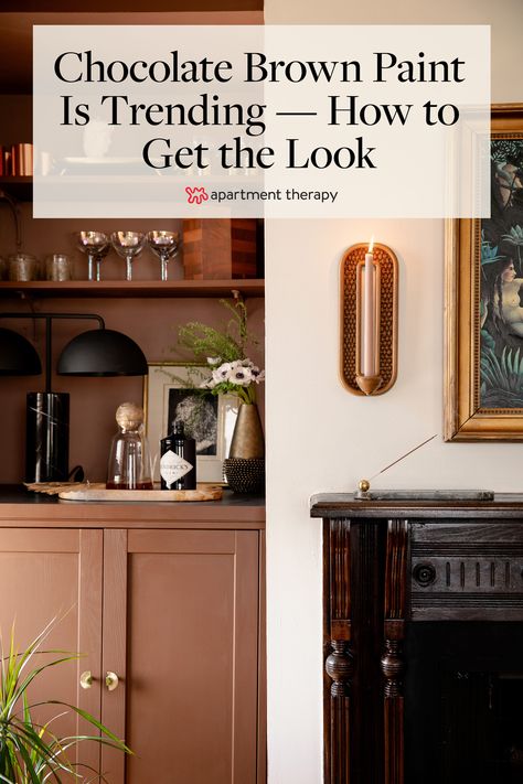 See how color drenching a room in chocolate brown paint gives a room a warm, dramatic look. Chestnut Paint Color, Dark Brown Gray Paint Colors, Fiery Brown Sherwin Williams, Brown Color Meaning, Sw Dutch Cocoa, Copper Brown Paint Color, Warm Moody Kitchen, Reddish Brown Paint, Dark Painted Kitchen Walls