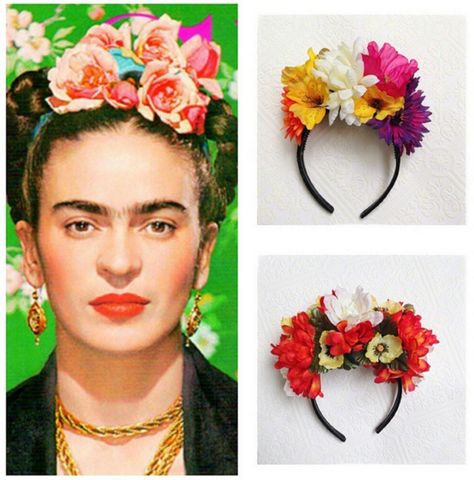 Frida Kahlo inspired floral headdress - flowers (multicolor) on a black felt covered headband. Honor a true legend! #forsale at #inselly Diy Frida Kahlo Headband, Floral Headdress Diy, Frida Costumes Women, Frida Kahlo Costume Ideas, Mexican Headdress, Frida Kahlo Headband, Frida Kahlo Flower Crown, Character Day Ideas, Flower Headband Diy