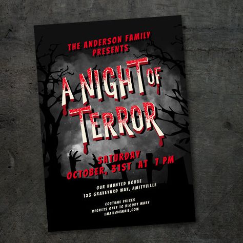 Horror Movie Poster Adult Halloween Party Invite Halloween Invitations - halloween, vintage, spooky, retro, graveyard, typography, blood, movie poster, horror, haunted house Graveyard Background, Horror Birthday, Adult Halloween Invitations, Adult Halloween Party Invitations, Asylum Halloween, 2024 Party, Spooky Graveyard, Horror Movie Night, Graveyard Scene