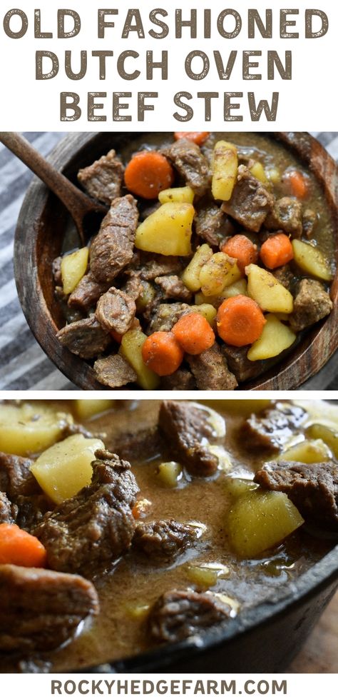 Learn how to make the best old fashioned dutch oven beef stew recipe in cast iron. This hearty, melt in your mouth stew is easy to make on the stove top or wood stove. Simple, comfort food. Cast Iron Beef Stew, Dutch Oven Beef Stew Recipes, Beef Stew Recipe Oven, Dutch Oven Beef Stew, Beef Stew Stove Top, Dutch Oven Recipes Cast Iron, Oven Beef Stew, Dutch Oven Beef, Dutch Oven Camping Recipes