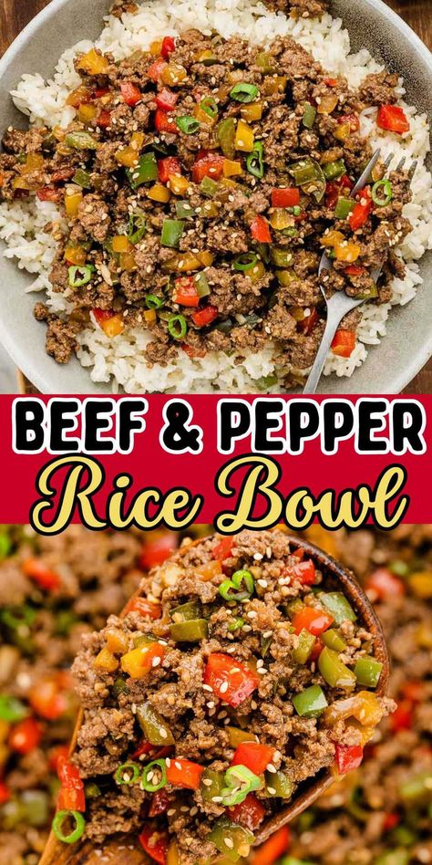 Beef and Pepper Rice Bowl Beef Bowl Recipe, Pepper Rice, Beef Bowl, Ground Beef Rice, Ground Beef Recipes Healthy, Beef Bowls, Rice Bowls Recipes, Awesome Recipes, Beef Recipes Easy