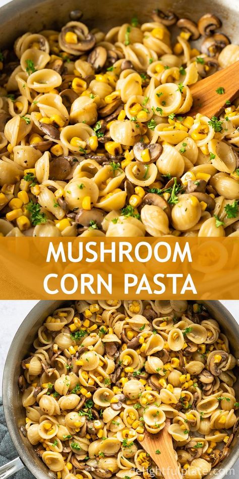 Easy mushroom corn pasta with a light creamy sauce. It is a quick and healthy vegetarian pasta dish you can put together in 30 minutes, making it a perfect weeknight dinner. #mushroompasta #vegetarianpasta #sweetcorn Healthy Vegetarian Pasta, Light Cream Sauce, Flavored Coffee Recipes, Chicken And Sweetcorn Soup, Coffee Recipes Hot, Meatless Pasta, Vegetarian Pasta Dishes, Resep Pasta, Corn Pasta