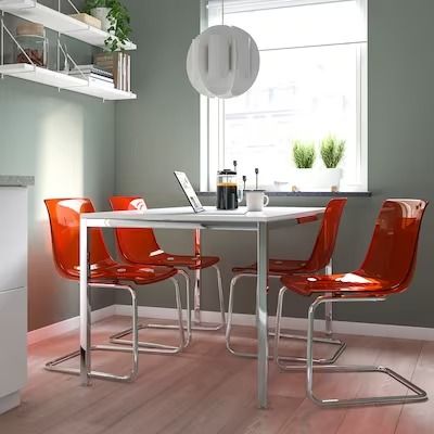 tabletop - Search - IKEA Mid Century Modern Apartment, Retro Dining Rooms, Lucite Chairs, Transparent Chair, Retro Dining Chairs, High Gloss White, Colorful Table, Retro Home Decor, Apartment Inspiration