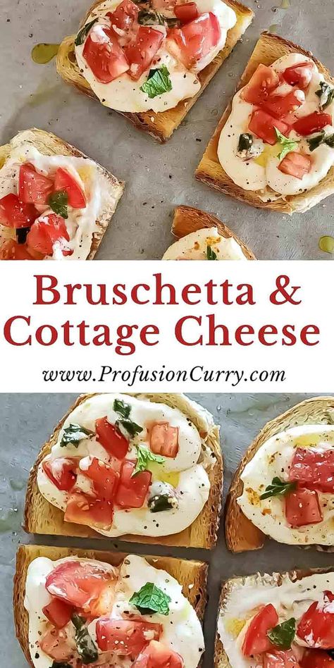 Bruschetta Crostini with Cottage Cheese Dip recipe makes easy and delicious appetizer. These crispy crostini's are topped with a creamy cottage cheese dip, fresh tomatoes, and aromatic herbs. Whipped Cottage Cheese And Tomatoes, Cottage Cheese Bruschetta, Blended Cottage Cheese Dip Recipes, Cottage Cheese And Tomato Toast, Roasted Tomatoes And Cottage Cheese, Veggie Packed Cottage Cheese Bread, Cottage Cheese Dip Recipes, Cottage Cheese Dips, Cold Lunches