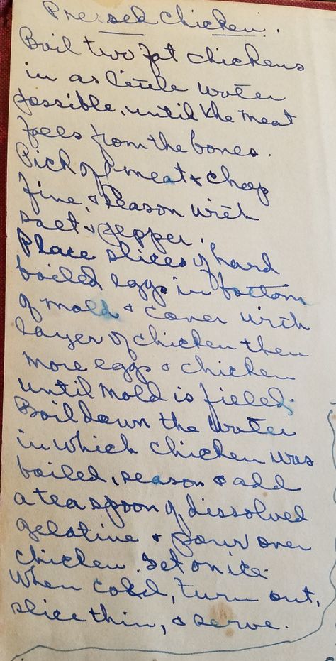 Pressed Chicken Recipe, Chicken Loaf, Heirloom Recipes, Handwritten Recipes, Hand Written, Buffalo Chicken, Dish Recipes, Vintage Recipes, Main Meals