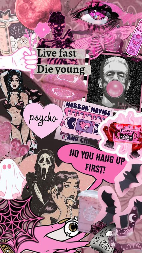 🩷🦇 #pinkhorror #horroraesthetic #pastlehalloween #pastlegoth #girlyhorror #girlygirl #halloweenaesthetic #pinkhalloween Punk Pink Wallpaper, Rob Zombie Wallpaper, Pink Horror Wallpaper Iphone, Pink And Black Goth Wallpaper, Pink Monster High Wallpaper, Pink Halloween Wallpaper Collage, Zombie Wallpaper, Iphone Wallpaper Classy, Rob Zombie