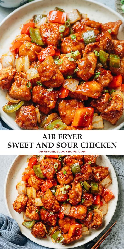 Better than takeout air fryer sweet and sour chicken that has crispy juicy chicken and crunchy vegetables served with a rich sauce. It’s so easy to put together, uses way less oil than the regular version, and tastes so great! {Gluten-Free Adaptable} Gluten Free Recipes For Dinner Air Fryer, General Tao Chicken, Asian Potluck, Crunchy Vegetables, Actifry Recipes, Meals Chicken, New Air Fryer Recipes, Asian Dinner, Sweet And Sour Chicken