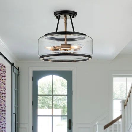 Longshore Tides 3 - Light Glass Drum Semi Flush Mount Light | Wayfair Entry Way Hallway, Entryway Light Fixtures, Semi Flush Mount Light, Living Room Entry, Foyer Living Room, Industrial Style Lighting, Black Lantern, Entryway Lighting, Light Decor