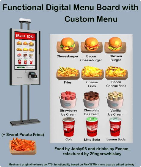 Sims 2 Functional Objects, Sims 2 Food, Sims 4 Free Mods, Bacon Cheese Fries, Sims 4 Nails, Digital Menu Boards, Bacon Fries, Ts2 Cc, Cc Mods