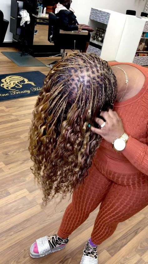 Braids With Curly Extensions, Human Hair Curly Braids, Tree Braids Styles Black Women, Human Braiding Hair Black Women, Wet And Wavy Micro Braids Styles, Tree Braids Hairstyles With Human Hair, Micro Braids For Black Women, Crochet Braid Styles Ideas, Individual Tree Braids