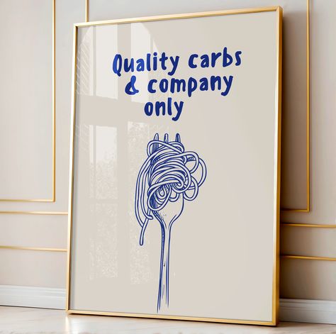 Spaghetti Print, Retro Pasta Quote Wall Decor, Printable, Aesthetic Spaghetti Print, Trendy Pasta Line Art Print, Italian Food Illustration Celebrate your love for pasta with this quirky "Quality Carbs and Company Only" spaghetti print! Perfect for adding a touch of fun to your kitchen or apartment decor, this retro quote poster is a foodie's dream. Featuring stylish line art and a pop of blue, this trendy wall art is a must-have for any Italian food enthusiast! Key Features * Digital download - Pasta Poster Design, Spaghetti Quotes, Italian Food Illustration, Spaghetti Illustration, Pasta Quotes, Aesthetic Spaghetti, Fun Pasta, Pasta Art, Quote Wall Decor