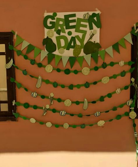 montesseri classes celebrating green day decoration ideas. Green Color Day Celebration In School, Green Day Chart For School, Green Day Board Decoration For Preschool, Green Day Celebration In School, Green Day Board Decoration, Green Day Celebration Ideas In Preschool, Green Day Decorations For Kindergarten, Green Day Ideas For Preschool, Green Colour Day Decoration In School