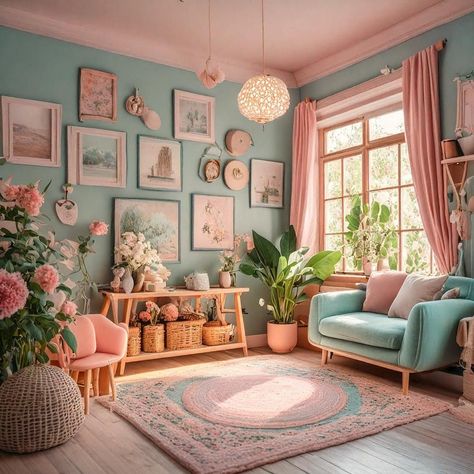 Pastel Cottagecore Living Room, Pastel Boho Living Room, Colorful Home Ideas, Pastel Home Aesthetic, Pastel Apartment Aesthetic, Neutral Green Paint Colors, Pastel Living Room Ideas, Colorful Cottagecore, Pastel Office