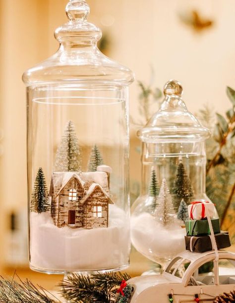 27 Ways To Fill Your Apothecary Jars - Blush & Pearls Jar Filler Ideas, Christmas Foyer Decor, Christmas Glass Jars, Jar Decorating Ideas, Apothecary Jar Ideas, Apothecary Jars Decor, Jars Decor, Dried Pasta, Cloche Decor