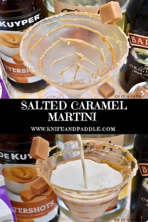 Salted Caramel Martini • www.knifeandpaddle.com Caramel Martini Recipe, Carmel Vodka Drinks Recipes Salted Caramels, Salted Caramel Whiskey Recipes, Salted Caramel Espresso Martini, Salted Caramel Crown Drinks, Carmel Vodka Drinks, Salted Caramel Whiskey Drink Recipes, Salted Caramel Drinks, Carmel Vodka