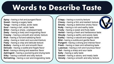 Words to Describe Taste! Food is an essential part of our daily lives, and it brings us pleasure, satisfaction, and nourishment. One of the most significant aspects of food is its taste, and there are countless ways to describe it. Whether you’re a food lover, a chef, or a food critic, having a rich vocabulary … Words to Describe Taste and Flavor Read More » How To Write A Food Review, Food Description Words, Taste Vocabulary, Taste Food, Texture Words, Food Texture, Food Critic, Fancy Words, Sour Taste