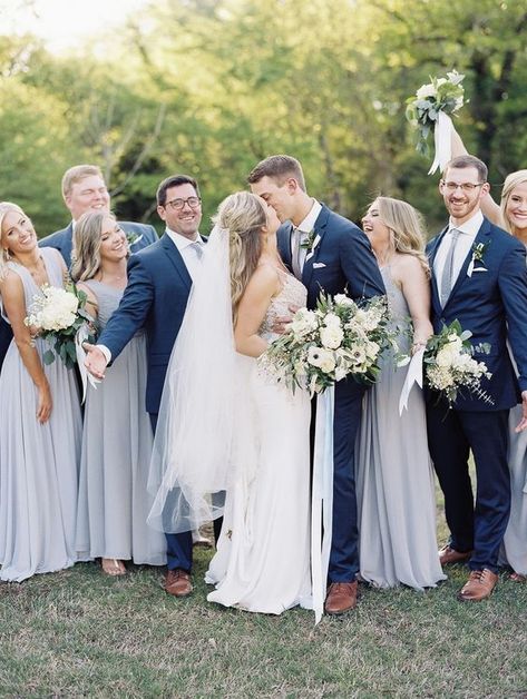 bridal party Chambray Bridesmaid Dress, Light Gray Bridesmaid Dresses, Gray Wedding Party, Romantic Bridesmaid Dresses, Army Wedding, Navy Suit Wedding, Ski Wedding, Party Colors, Bridal Party Attire