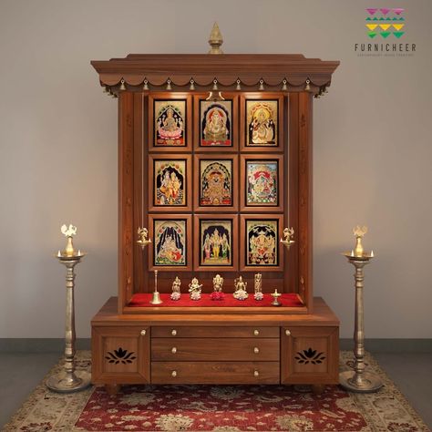 Buy AMOD Traditional Free-standing Puja Temple With Brass Online in India - Etsy Indian Temple Ideas For Home, Simple Pooja Mandir, Home Temple Ideas Puja Room, Mandir For Home, Puja Mandir, Mandir Design, Temple Design For Home, Cherry Brown, Wood Kiln