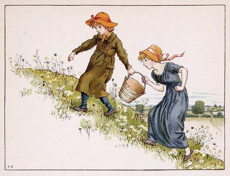 Illustration from The April Baby's book of Tunes by Kate Greenaway 1900. Jack and Jill Nursery Rhymes Poems, Old Nursery Rhymes, Kate Greenaway, Childrens Poetry, Nursery Rhymes Songs, Fairytale Nursery, Rhymes For Kids, Jack And Jill, Vintage Nursery