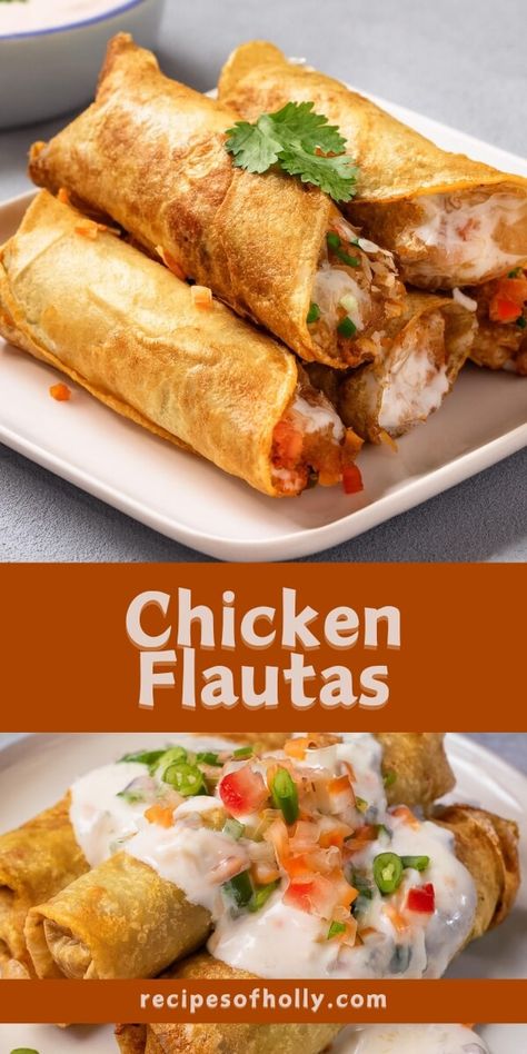 Chicken Flautas - Recipes of Holly Chicken Flautas Air Fryer, Flautas Recipe Chicken, Baked Chicken Flautas, Chicken Flautas Recipe, Appetizer Chicken, Flautas Recipe, Baked Ziti With Chicken, Rotisserie Chicken Tacos, Chicken Flautas