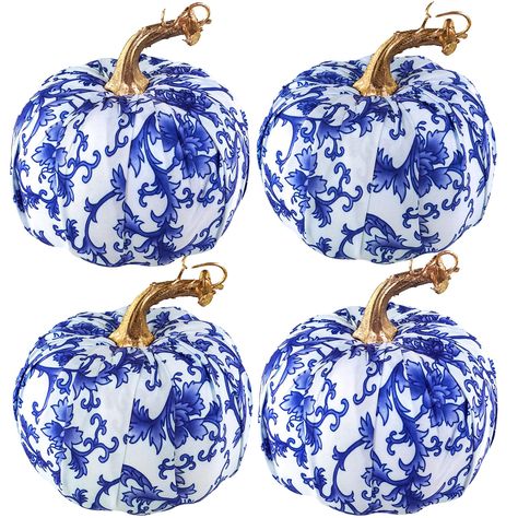 PRICES MAY VARY. Quantity: Package includes 4 pcs beautiful blue and white fabric pumpkins with chinoiserie-style patterns. Chinoiserie is an all-time classic which will be a simple yet classy way to bring some style to your home decor. These chic chinoiserie pumpkins look stunning as a set, but also make a statement when incorporated within your fall decor. Classic and filled with gorgeous color, these decorative pumpkins will add rustic elegance to your fall, Halloween or Thanksgiving decor. C Blue And White Fall Decor, Chinoiserie Pumpkins, Farmhouse Thanksgiving, Fall Wedding Tables, Chinoiserie Blue, Blue And White Chinoiserie, Foam Pumpkins, Blue And White Fabric, Faux Pumpkins