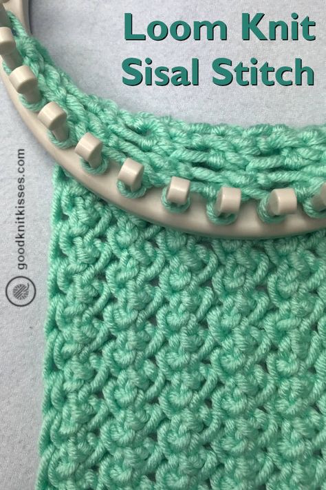 Learn to loom knit the Sisal stitch pattern with my video tutorial. https://www.goodknitkisses.com/new-stitches-sisal-and-seagrass/ #goodknitkisses #loomknit #loomknitting #loomstitches #howtoloomknit Loom Knitting Sweater Patterns, Loom Knit Blanket Scarf, Free Knitting Loom Patterns, Flexi Loom Patterns, Knitting Circle Loom, Knitting On A Loom, Flexee Loom Chunky Patterns, Circle Knitting Loom Patterns, Loom Headband Pattern