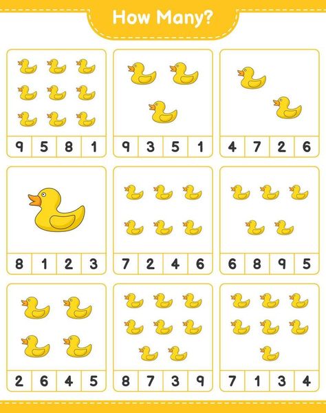 Counting game, how many Rubber Duck. Educational children game, printable worksheet, vector illustration 10 Little Rubber Ducks Activities, Duck Activities For Preschool, Duck Worksheet, Sunflower Life Cycle, Math Craftivity, Kids Worksheets Preschool, Counting Games, Farm Activities, Maze Puzzles