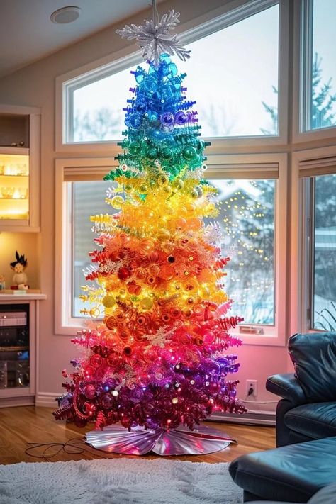 How To Decorate A Rainbow Christmas Tree: Festive Color Fake Xmas Tree, Suburb Talks, Maximalist Christmas, Rainbow Christmas Tree, Diy Felt Christmas Tree, Vintage Tree Toppers, Rainbow Christmas, Candyland Christmas, Rainbow Tree