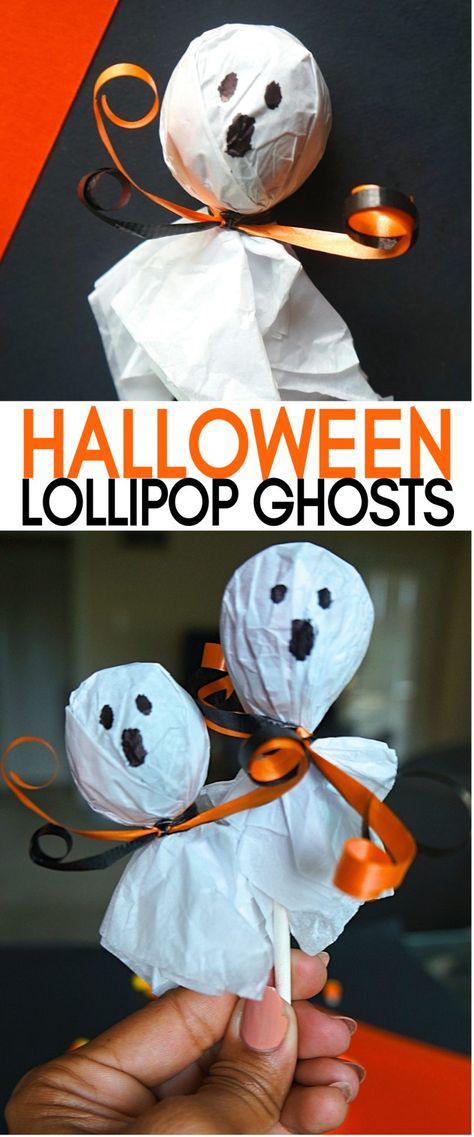 Lollipop Ghosts, Halloween Treats For School, Ghost Pops, Halloween Class Treats, Halloween Lollipops, Halloween Classroom Treats, Treats For School, Ghost Lollipops, Halloween Candy Crafts